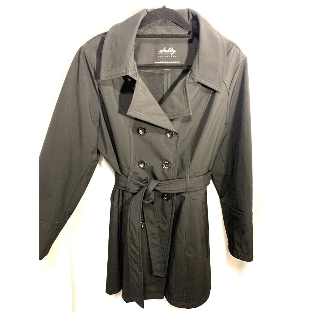 Sebby Collection Women's belted double-breasted softshell trench coat black 1X